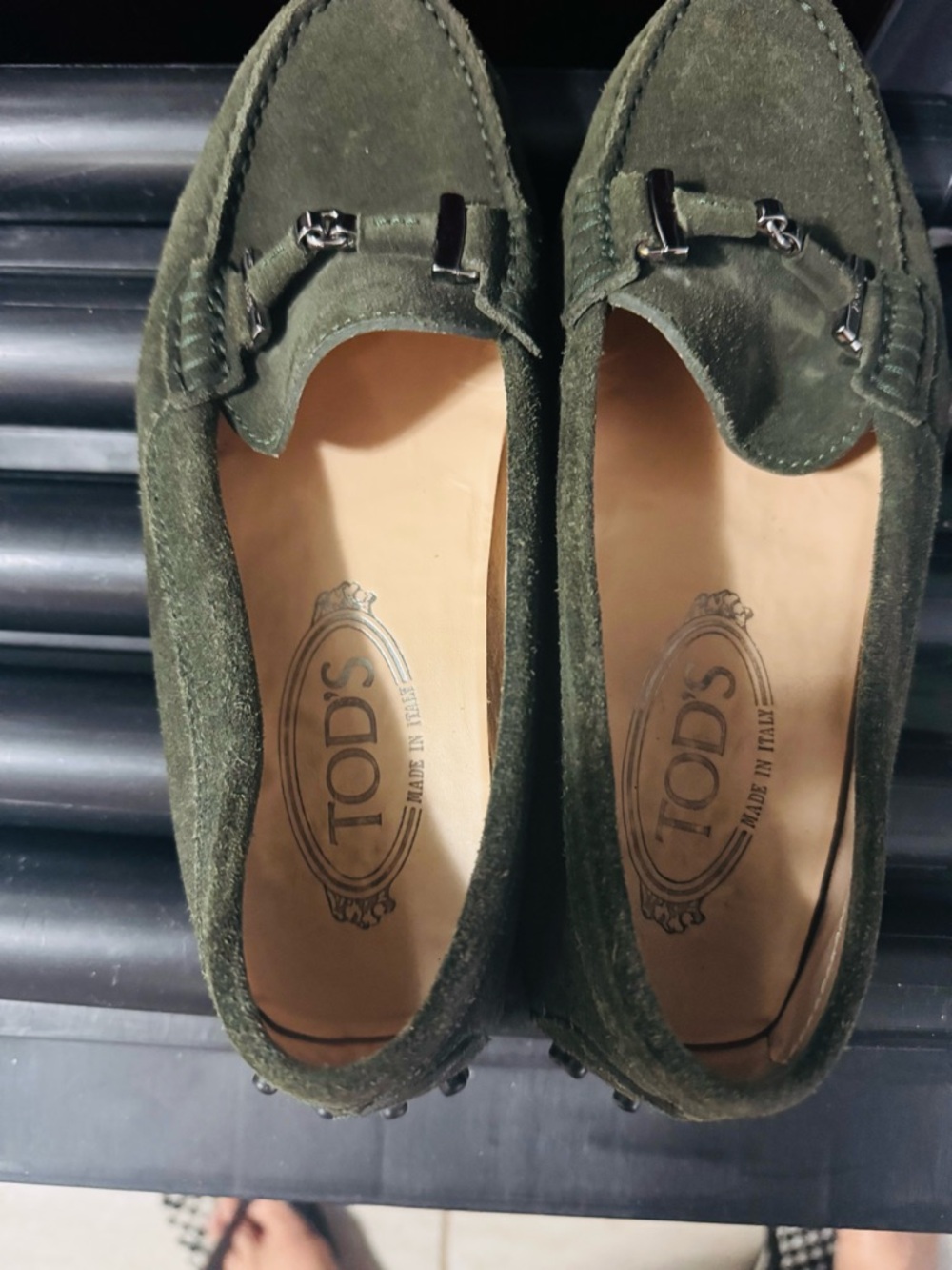 Tod's Olive Suede Driver Mocs with Black Pebbled Sole - Picture 5 of 8